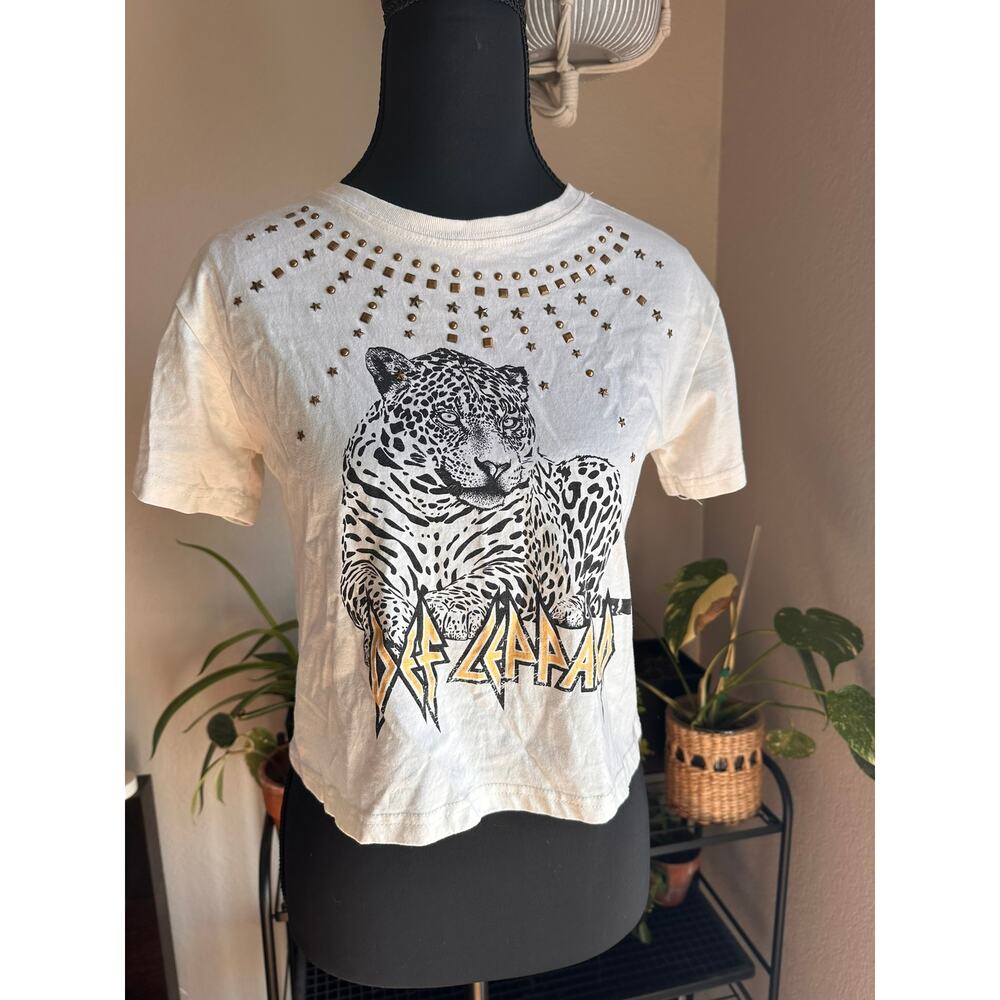 Def Leppard Studded Cropped T-Shirt | Leopard Rock Graphic Tee Sz 10-12